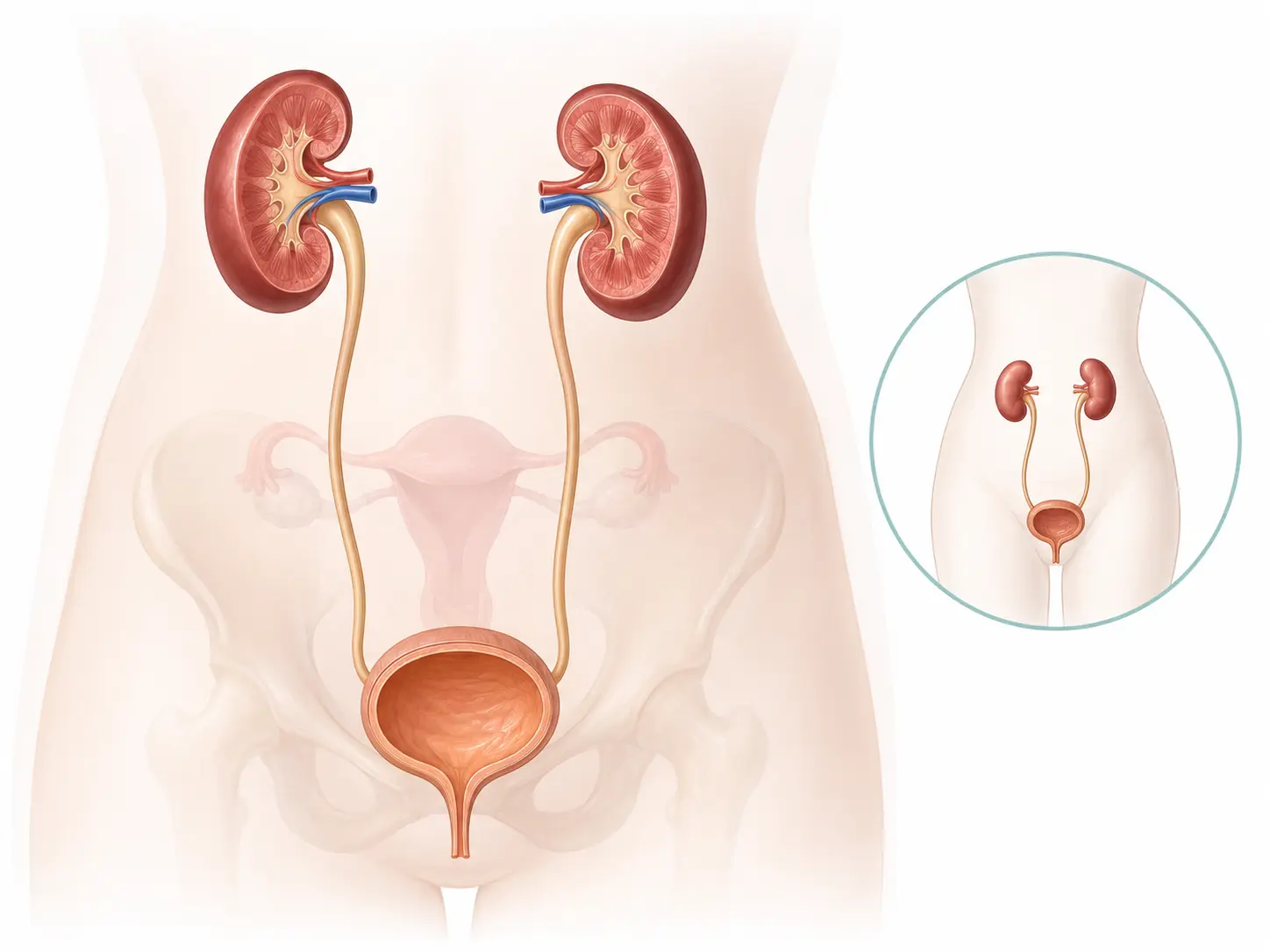 Educational illustration of the female urinary system