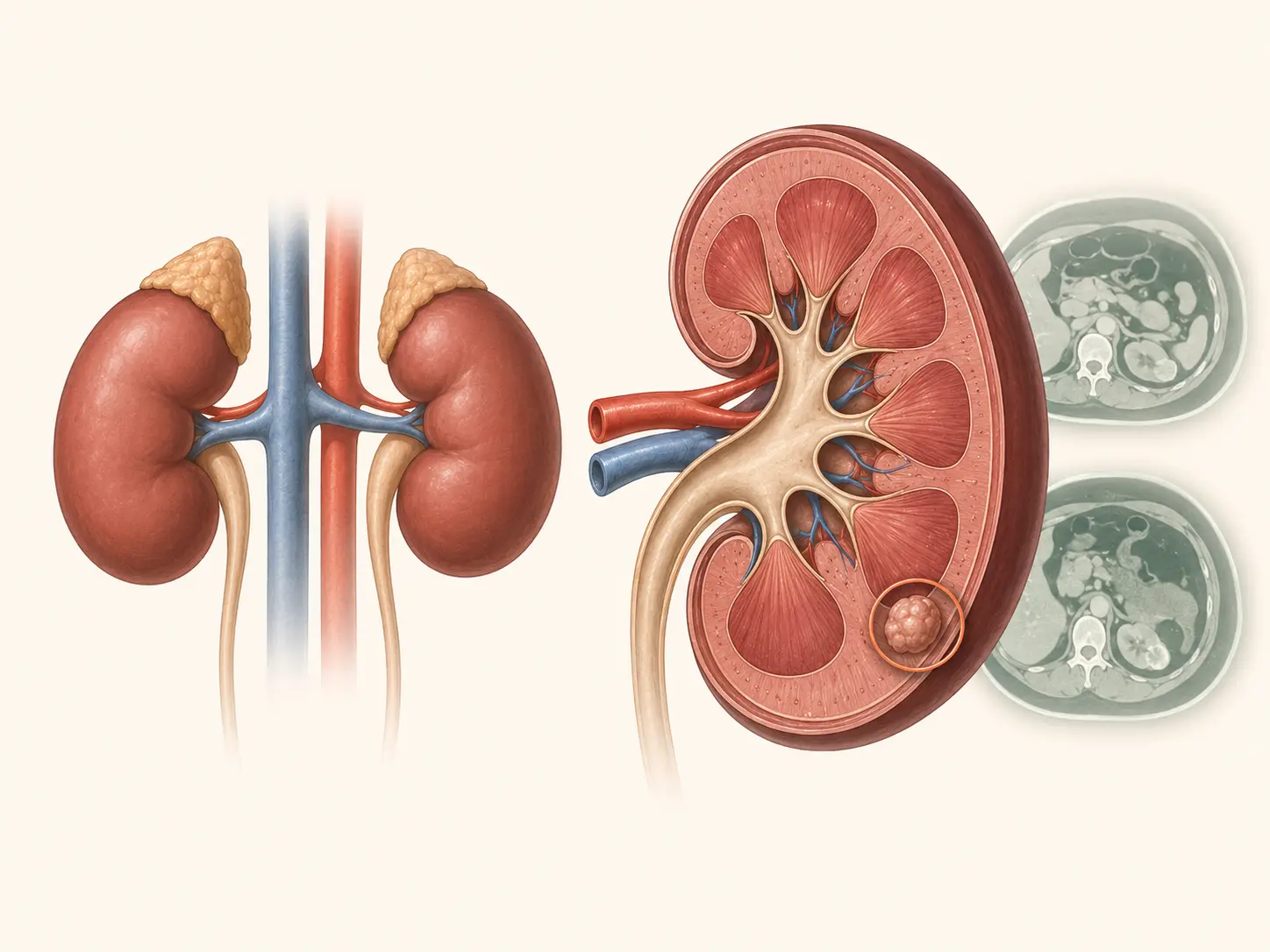 Educational kidney illustration highlighting a renal mass for assessment