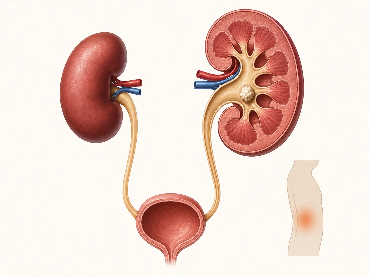 Educational illustration of the kidneys, ureters, bladder and a kidney stone