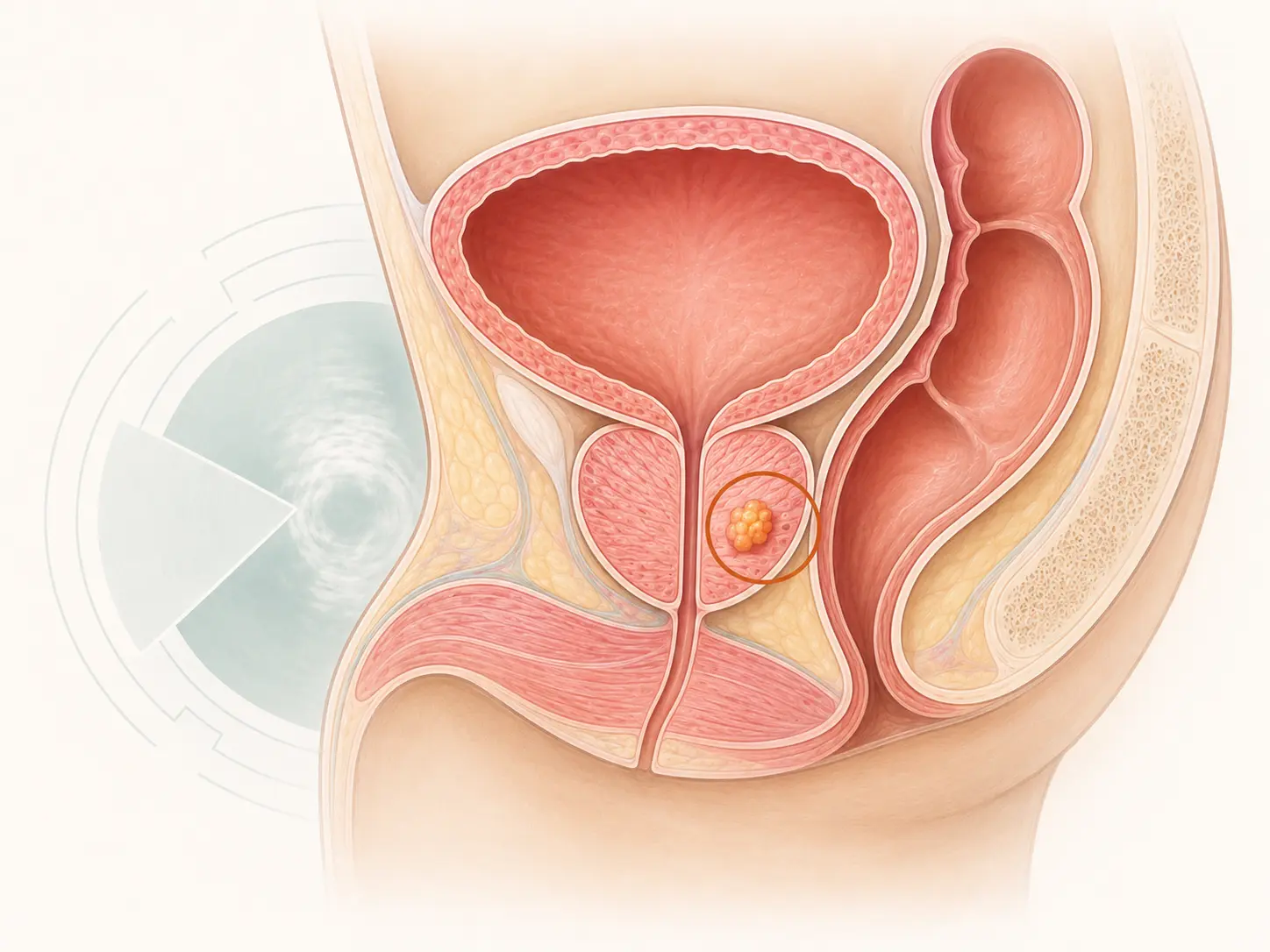 Educational prostate illustration highlighting an area for cancer assessment