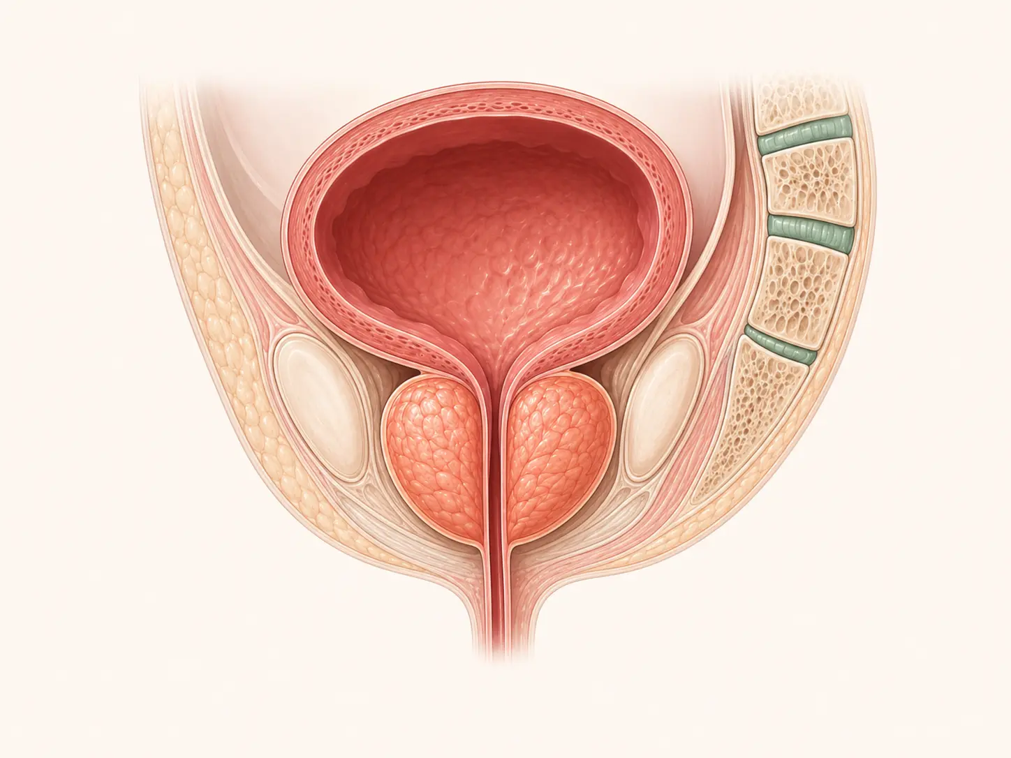 Educational illustration of the bladder, prostate and urinary passage